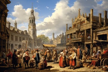 Obraz premium Digital composite of Medieval scene with people in front of Bruges, A bustling marketplace in a Moroccan city, AI Generated