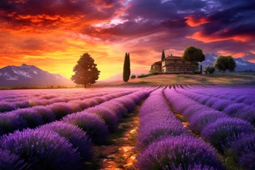 Poster Lavender field at sunset in Provence, France, A captivating sunset over a picturesque lavender field, AI Generated © Iftikhar alam