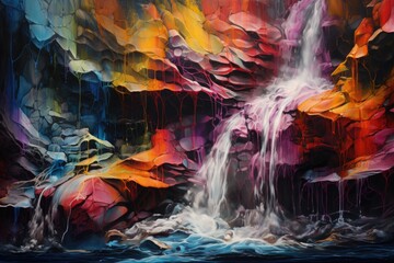 Colorful abstract background with waterfalls. Acrylic painting on canvas, A cascade of abstract colors mimicking a waterfall's grandeur, AI Generated
