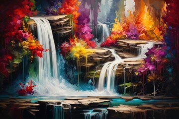 Waterfall in autumn forest. Digital painting. Colorful autumn landscape, A cascade of abstract colors mimicking a waterfall's grandeur, AI Generated