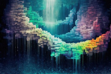 abstract digital background, technology concept, 3d illustration, horizontal, A cascading waterfall of pixelated colors, simulating a digital glitch, AI Generated