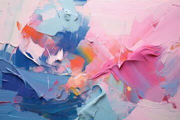Abstract background of acrylic paint in blue, orange, pink and white colors, A chaotic blend of...