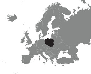 Black CMYK national map of POLAND inside detailed gray blank political map of European continent on transparent background using Mercator projection