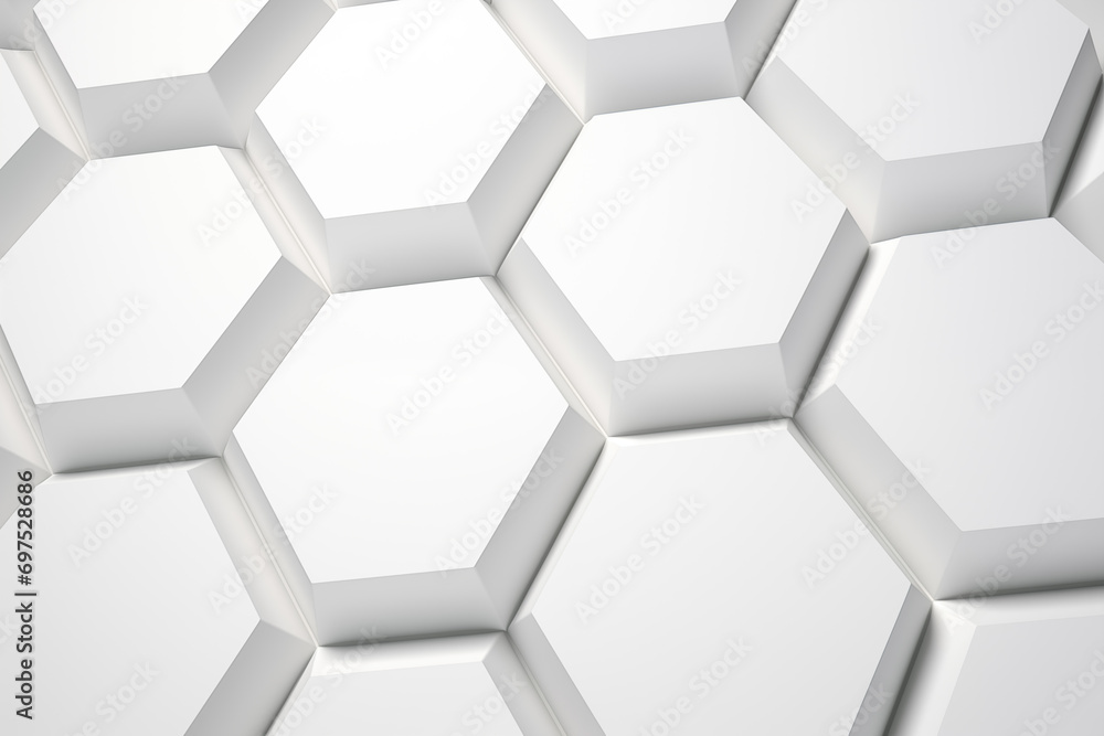 Poster 3d background of neatly arranged white hexagonal shapes.