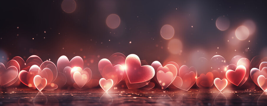 Romantic Valentine's Day background featuring glowing hearts with red glitter, suitable for greetings or decoration.