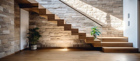 Contemporary wooden staircase in loft house with modern hallway and limestone brick walls.