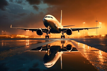 Fototapeta na wymiar Passenger plane on the runway. Airplane landing against sunset background. Air passenger transportation.