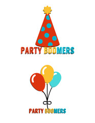 a vector design of a Christmas party caps and balloons with a text saying party boomers -vector stock image