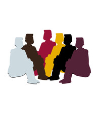 a vector design of a social gathering of human silhouettes sitting down side by side multicolor