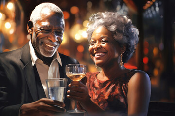 Elderly dark-skinned couple in love relaxing, talking and drinking glasses together in a bar or pub. Concept of an elderly retired couple.