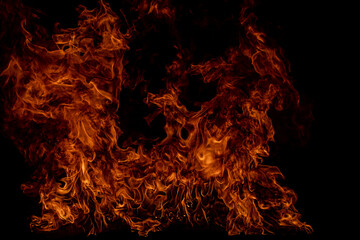 Fire blaze flames on black background. Fire burn flame isolated, abstract texture. Flaming explosion effect with burning fire. - obrazy, fototapety, plakaty