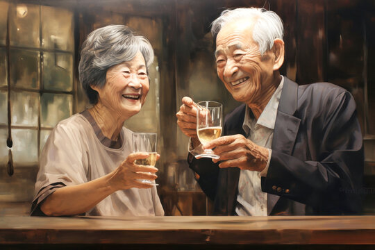 Radiant with love and joy, this charming Japanese senior couple shares heartfelt smiles in a cozy bar, creating a timeless image of happiness and lasting connection.