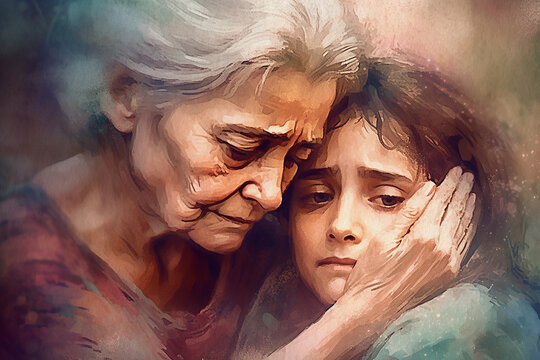 A grieving family, an elderly woman embracing her daughter, painted in watercolor on textured paper. Digital Watercolor Painting