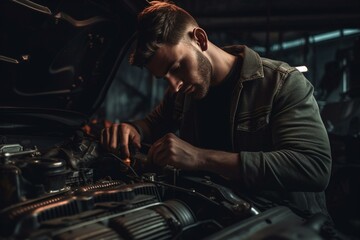 Fototapeta na wymiar Mechanic inspecting car engine in garage, checking readiness before leaving. Generative AI
