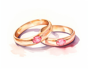 Two gold wedding rings with pink gemstones, painted in a romantic watercolor style, isolated.