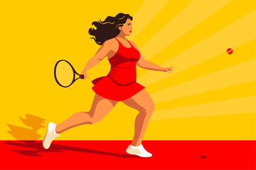 Minimal vector illustration of a woman playing tennis in a red dress in front of a yellow background.