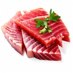 Fresh tuna fish fillet steak with rosemary and lemon isolated on white background