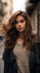 Fototapeta premium A young beautiful elegant woman looking at the camera outdoors. Soft focus