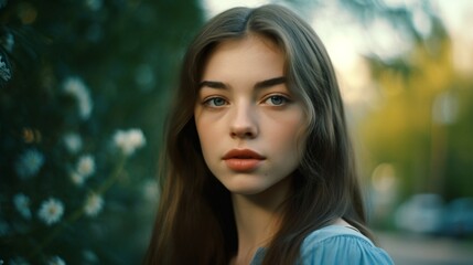 Naklejka premium A 23-year-old beautiful girl captured in a movie-like moment, shot with Kodak Portra 400 film, featuring soft light that enhances her best quality.