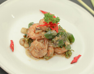 Closeup view of prawns with super spicy green chili sauce. Indonesia food. Delicious food.
