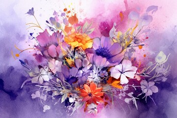 Fototapeta na wymiar Vibrant floral and herbal arrangement on a violet background, expressing emotions with watercolor strokes. Generative AI