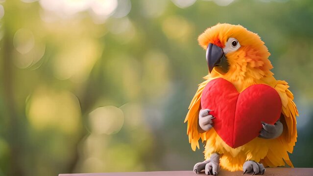 Cute parrot toy with red heart, Valentine's day concept.