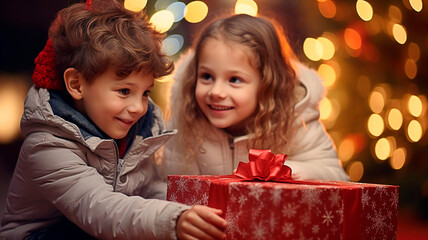 Fototapeta na wymiar Happy little girl and boy 4 years old on a Christmas bokeh background. child is happy and holds gift in his hands and stretches it forward. Give gifts. New year sales, advertising, discounts.