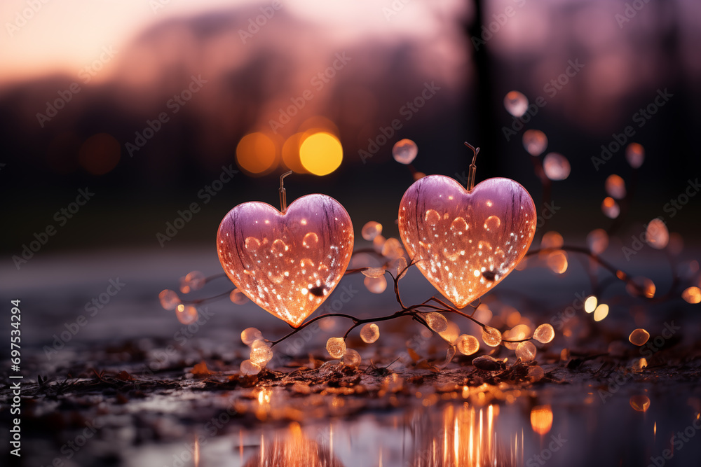 Sticker Glowing heart shaped ornament on blurred background