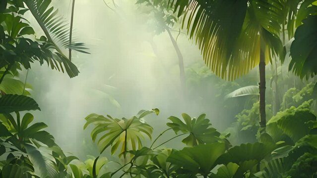 Tropical forest with palm trees and mist. Rainforest. Jungles. Background with copyspace.