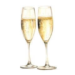 glasses of champagne watercolor illustration isolated on white or transparent background
