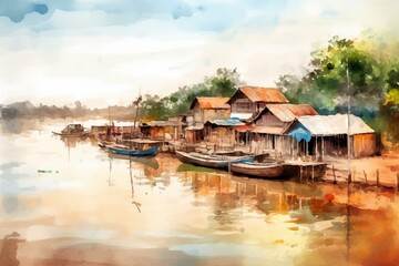 Watercolor-style impressionist painting of a port landscape on the Mekong River. Generative AI - obrazy, fototapety, plakaty
