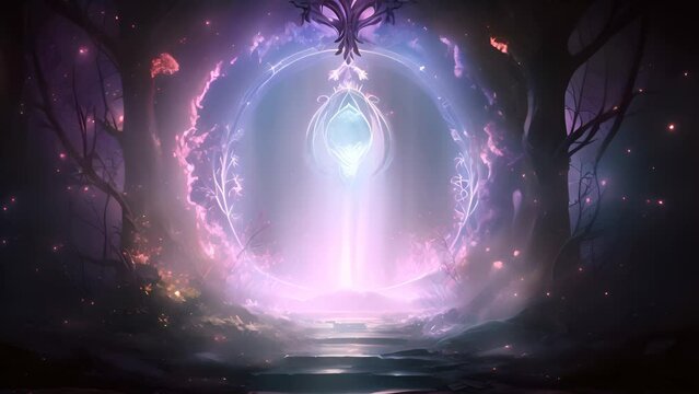 Mystical portal. Fantasy landscape with neon lights, dark forest and copyspace. Retrowave vibe.