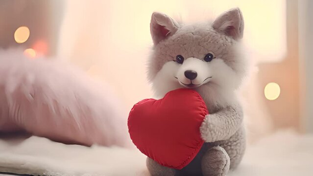 Cute wolf toy with red heart, Valentine's day concept.