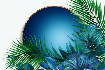 Fototapeta na wymiar Round nature border with tropical palm plant. Stylish blue design for text. Generative AI