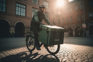 Eco-friendly courier on a green cargo bike delivering packages. Generative AI - obrazy, fototapety, plakaty