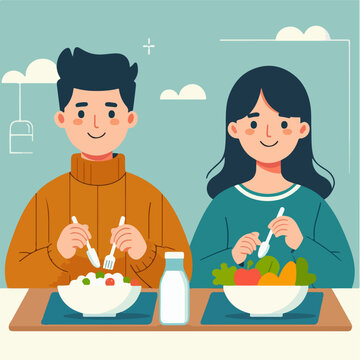 Illustration of people eating noodles
