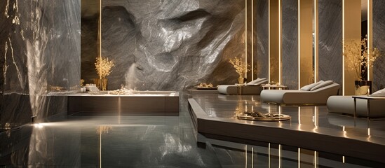 Luxury spa with swimming pool, marble and gold