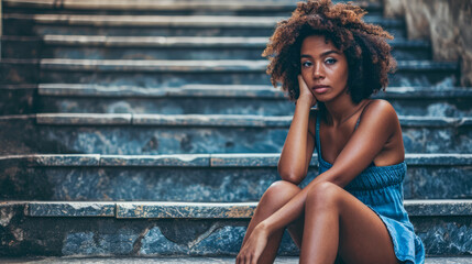 Young dark skinned woman sitting on stairs taking a brake