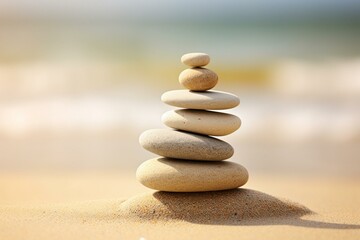 Fototapeta na wymiar Zen-inspired stones balanced on sand background representing the art of harmony. Generative AI