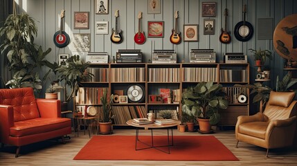 Musical instrument shop with music records and waiting room