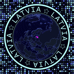 Latvia on globe vector. Futuristic satelite view of the world centered to Latvia. Geographical illustration with shape of country and squares background. Bright neon colors on dark background.