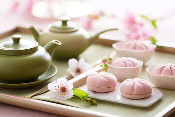 Tea ceremony setting, with teapot and a plate of delicate mochi dessert and sakura flowers. Shallow depth of field