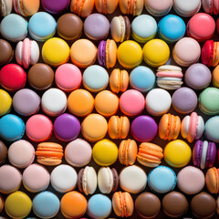 Fototapeta na wymiar Top view of an assortment of colorful macarons arranged in a pattern. Square aspect ratio