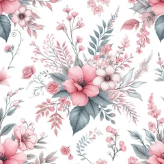 Fotobehang Seamless watercolor floral pattern - pink blush flowers elements, green leaves branches © Ninja
