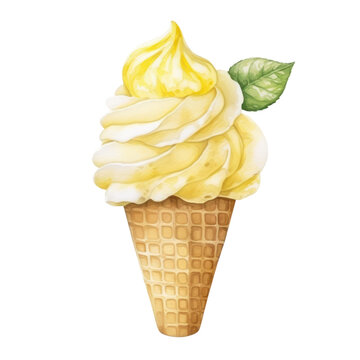 lemon ice cream cone watercolor illustration isolated on white or transparent background