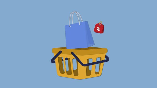 Animated shopping basket with shopping bag and price promotion tags. Supermarket shopping bag for buy, sale, discount animation