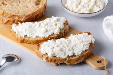 Bread with curd cheese on wooden board