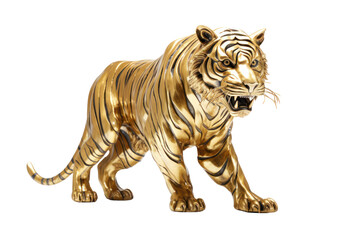 golden tiger or tiger made of gold as an animal of lucky sign isolated on white or transparent background - obrazy, fototapety, plakaty