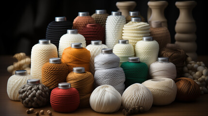 Close-up of colorful cotton threads and spools