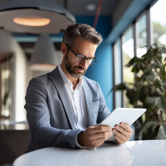 Fototapeta premium businessman using computer in cafe steadicam